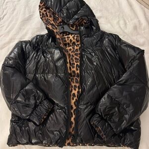 Alice + Olivia Black & Cheetah Reversible Puffer Jacket